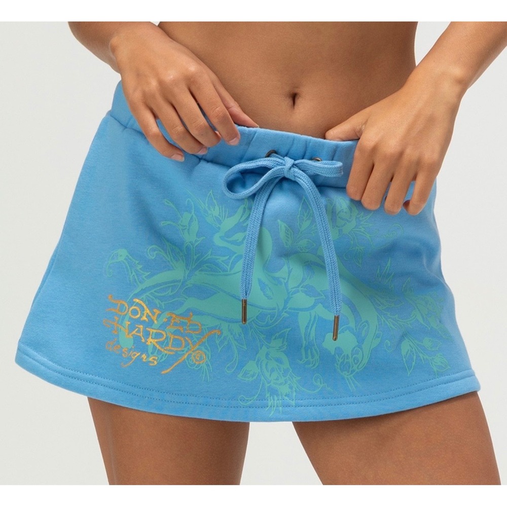 Ed Hardy Blue Tattoo Graphic Sweat Mini Skirt Y2K Drawstring
